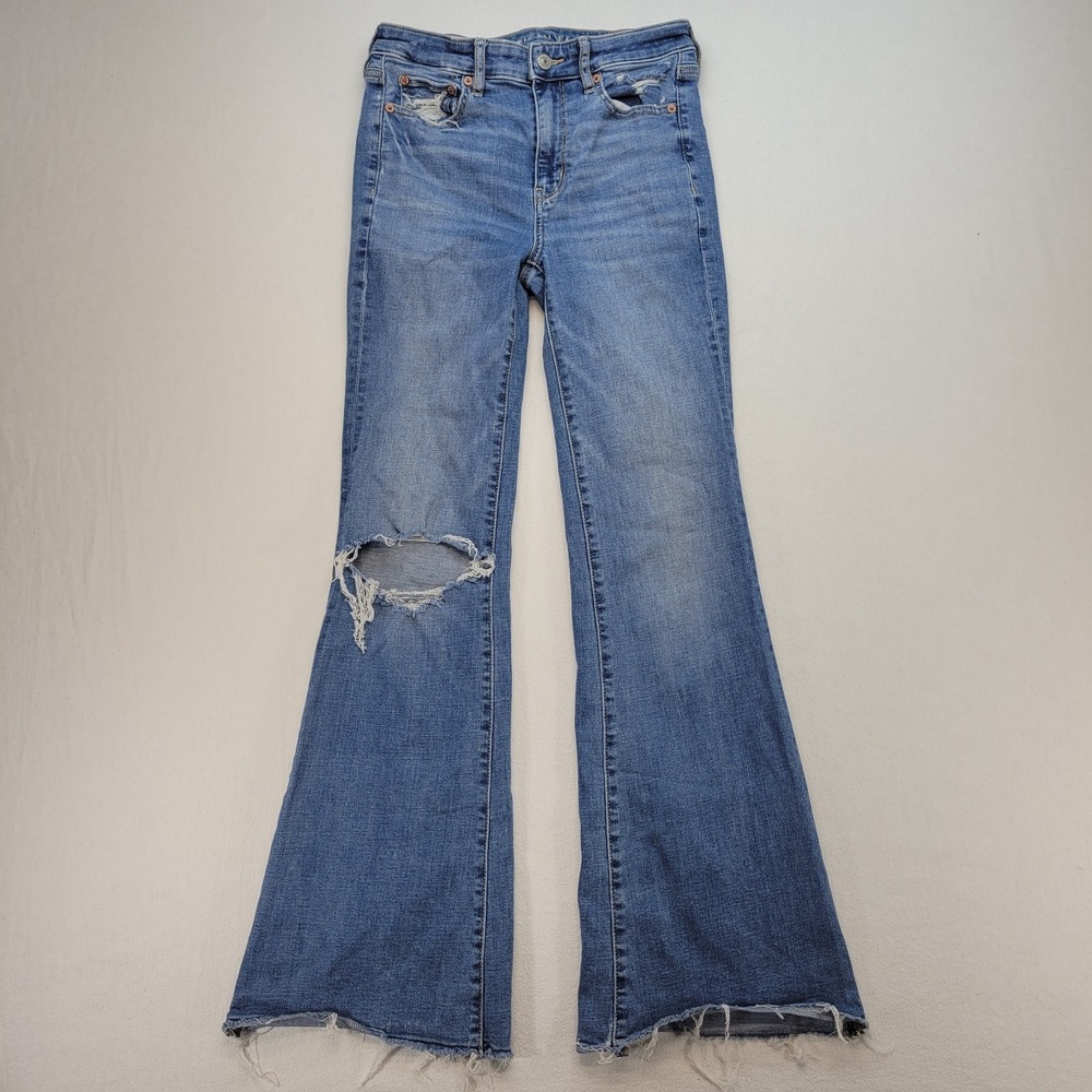 American Eagle Jeans Womens 2 Blue Super High Rise Flare Ripped Stretch Denim